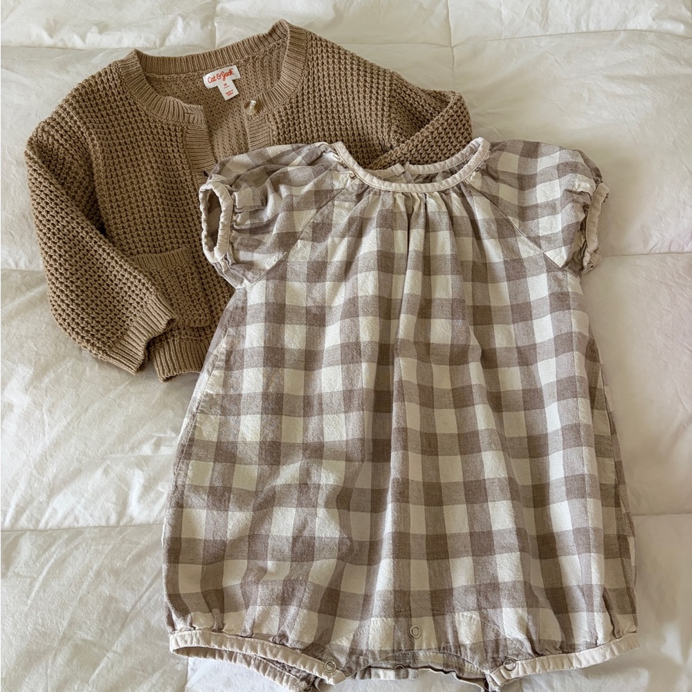 Cat & Jack Knit Cardigan & Bebe Holic Beige Gingham Baby One-Piece Romper